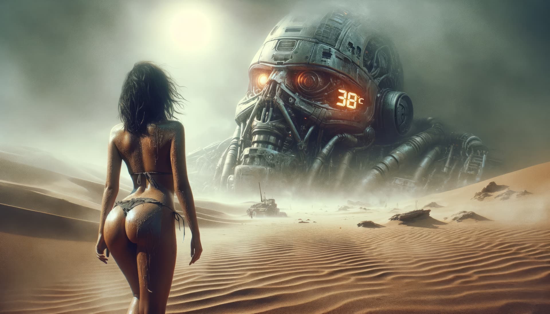 AI generated: Create an image of a post-apocalyptic desert scene with a futuristic twist. In the foreground, a wom...