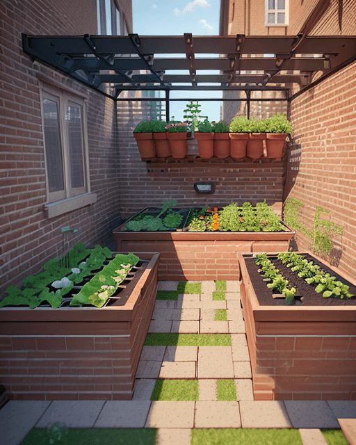 AI generated: SMALL VEGETABLE GARDEN ON THE BALCONY OF AN APARTMENT WITH BRICK FINISH AND PERGOLA Ultra realistic ...