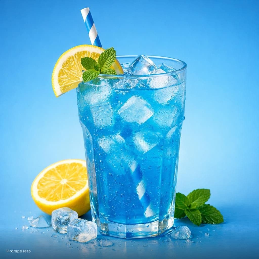 AI generated: photography, blue, summer, one cool blue lemonaid with ice, isolated layout, realistic light, rich d...