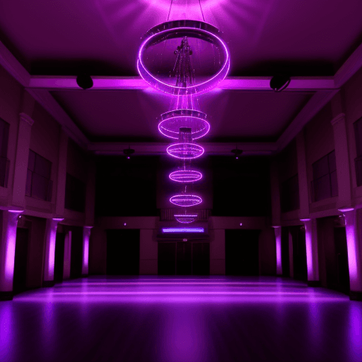 AI generated: this is a dance hall with purple lighting, in this hall there is a metal pole on which acrobatic tri...