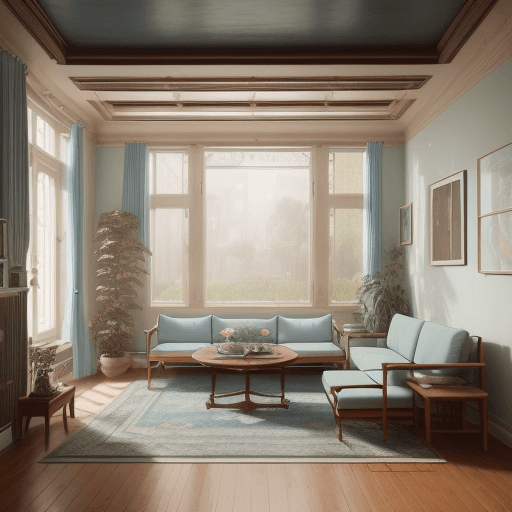 AI generated: High resolution photography interior design, dreamy sunken living room conversation pit, wooden floo...