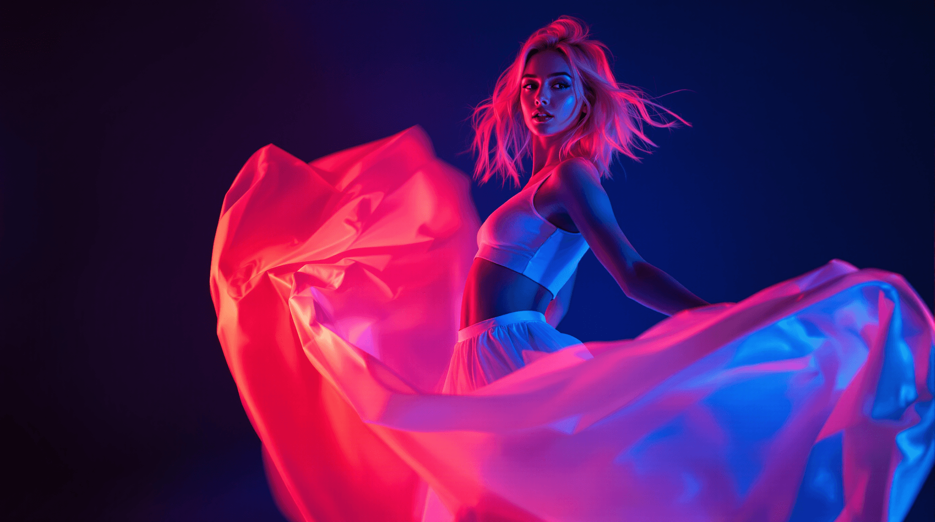 AI generated: Studio portrait of a young adult woman with light blonde hair, dynamic pose, vibrant neon lighting. ...