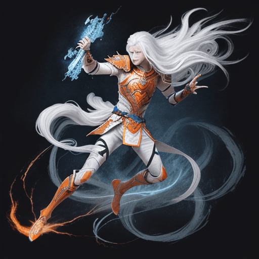 AI generated: 1boy, weapon, long hair, white hair, solo, arm guards, glowing eyes, blue eyes, floating hair, full ...