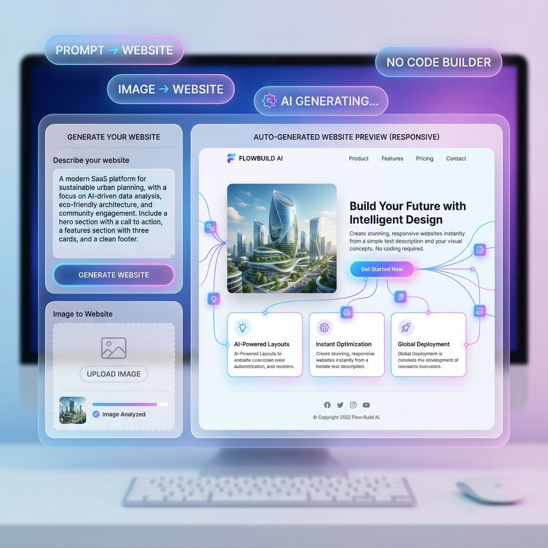 AI generated: Create a modern, realistic AI web application builder interface for a SaaS website.
Show a clean wor...