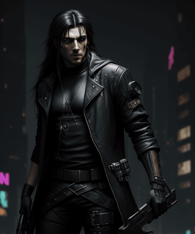 AI generated: Cyberpunk, robin hood, revolver, stylish,  dark clothes, black long hair, male, kapiszon, high resol...
