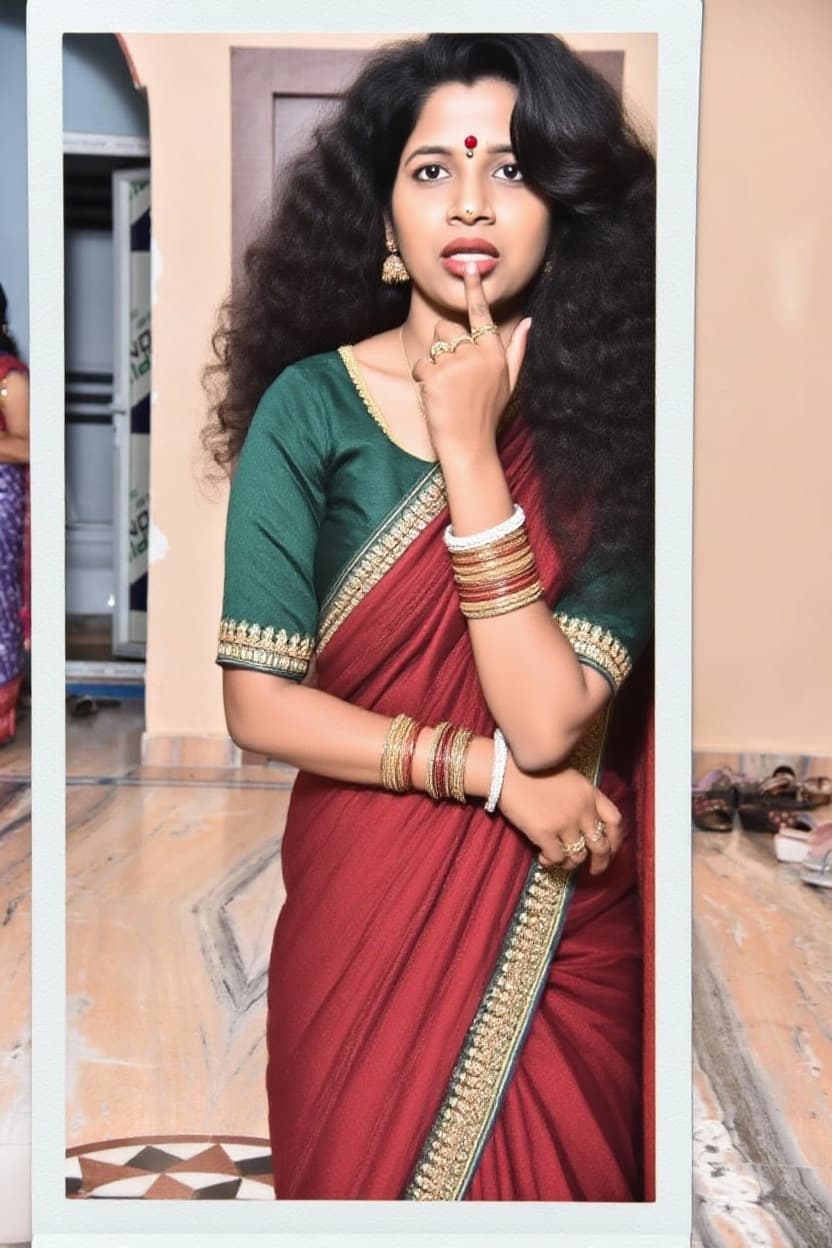 AI generated: Jenn rosa, biting her lip, 18-21 years old, brown hair, Indian hair style, saree,trying to removing ...