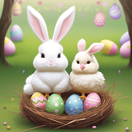 AI generated: Photo of a ultra realistic cute fluffy  bunny, and a cute chicken sitting together  in a nest, surro...