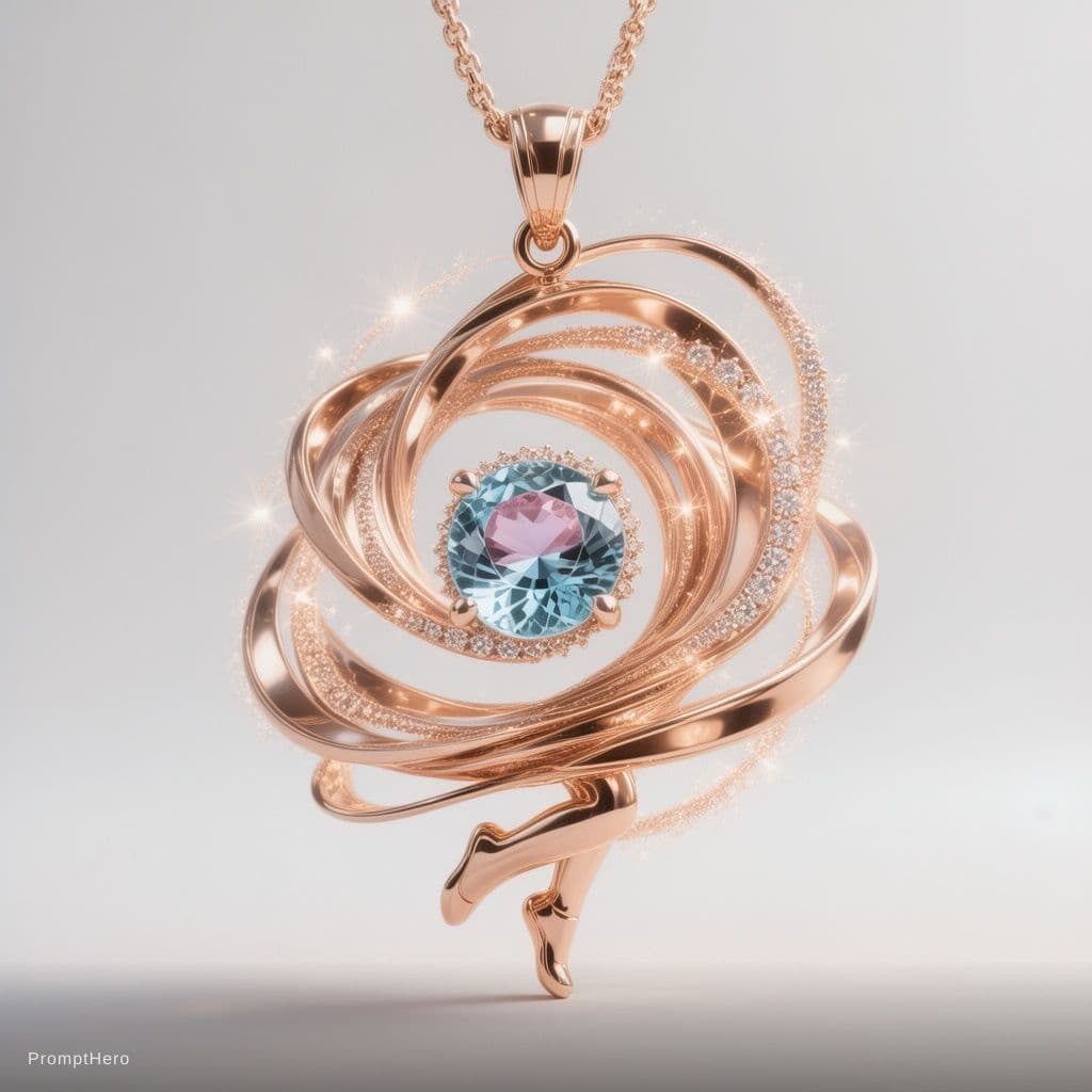 AI generated: Luxury jewelry pendant design inspired by joyful spinning and jumping motion. Abstract flowing spira...
