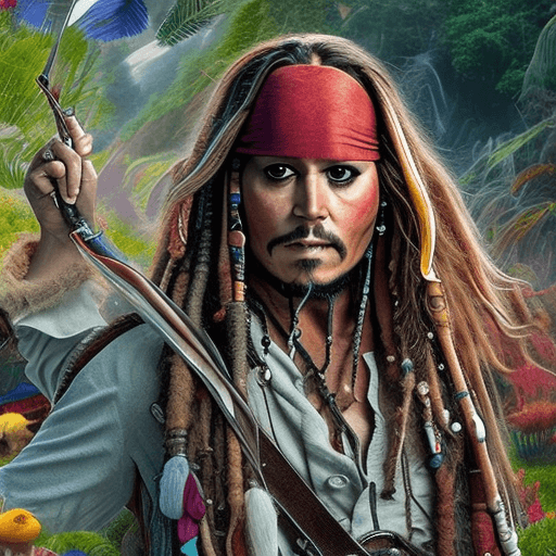 AI generated: crea una imagen hiper-realista de Jack sparrow y el lorax en una alfombra voladora con una bolsa de ...