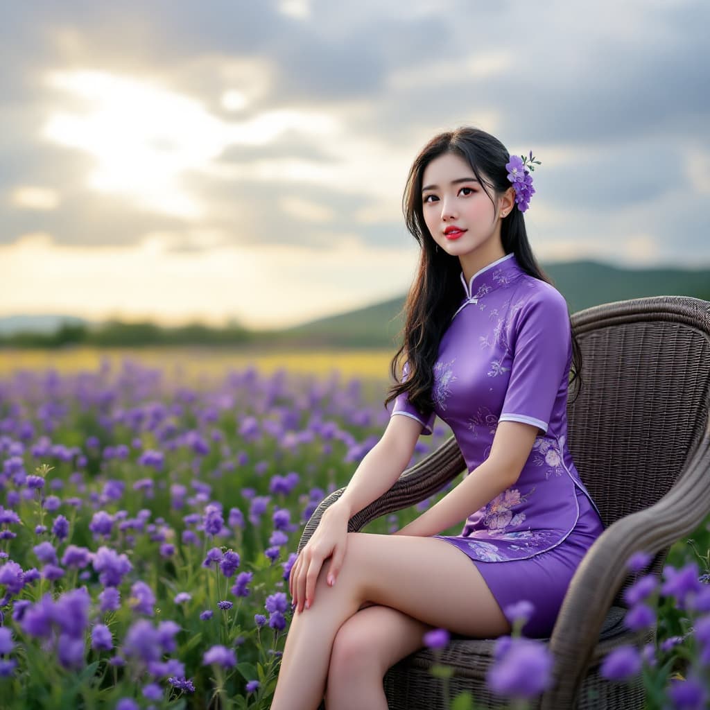 AI generated: Full body vie HDR photo of beautiful korean woman, fair complexion, full lips, black hair with flowe...