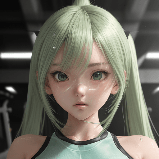 AI generated: an anime girl is standing in a gym, in the style of photo-realistic techniques, light emerald and li...