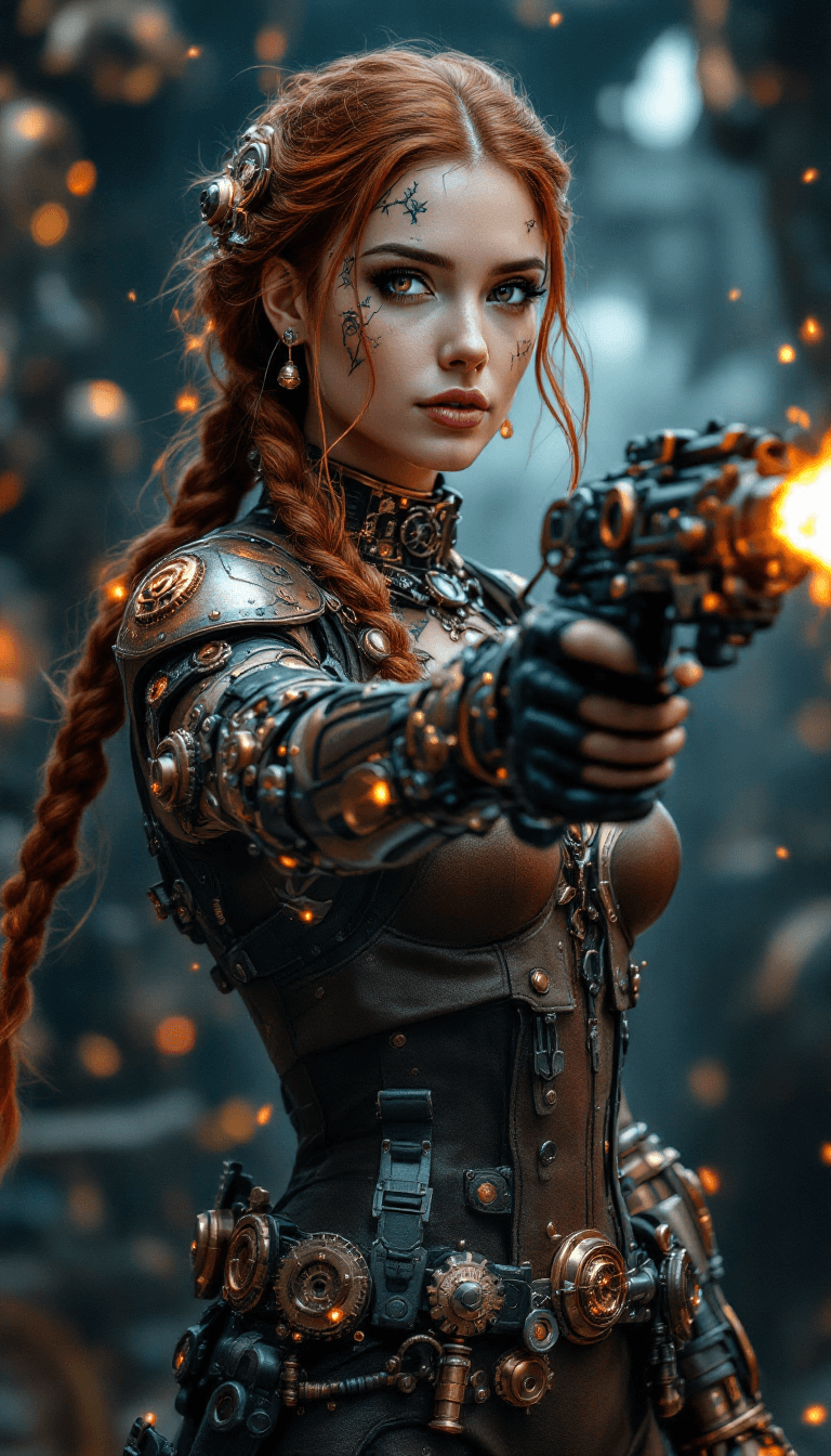 AI generated: An ultra-realistic, full-body action shot of a mesmerizing bronze steampunk inventor woman, exuding ...