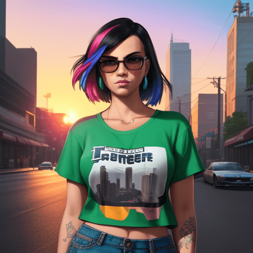 AI generated: looking at camera, portrait in style of gta 5 loading screen, sunrise, city street background, cool ...