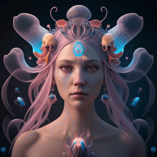 AI generated: Goddess close-up portrait ribcagel. jellyfish phoenix head, nautilus, orchid, skull, betta fish, bio...