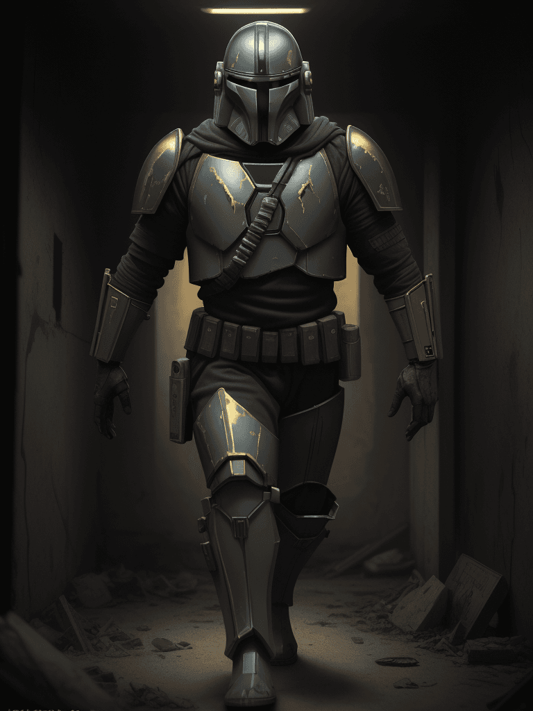 AI generated: A haunting scene of a mandalorian with a golden armor| golden armor(glowing eyes:1.2)| Staggering th...