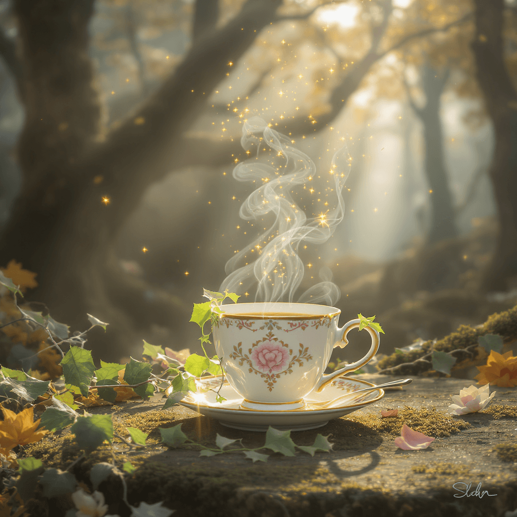 AI generated: A fairytale morning scene — a delicate porcelain coffee cup steaming with enchantment, resting on a ...