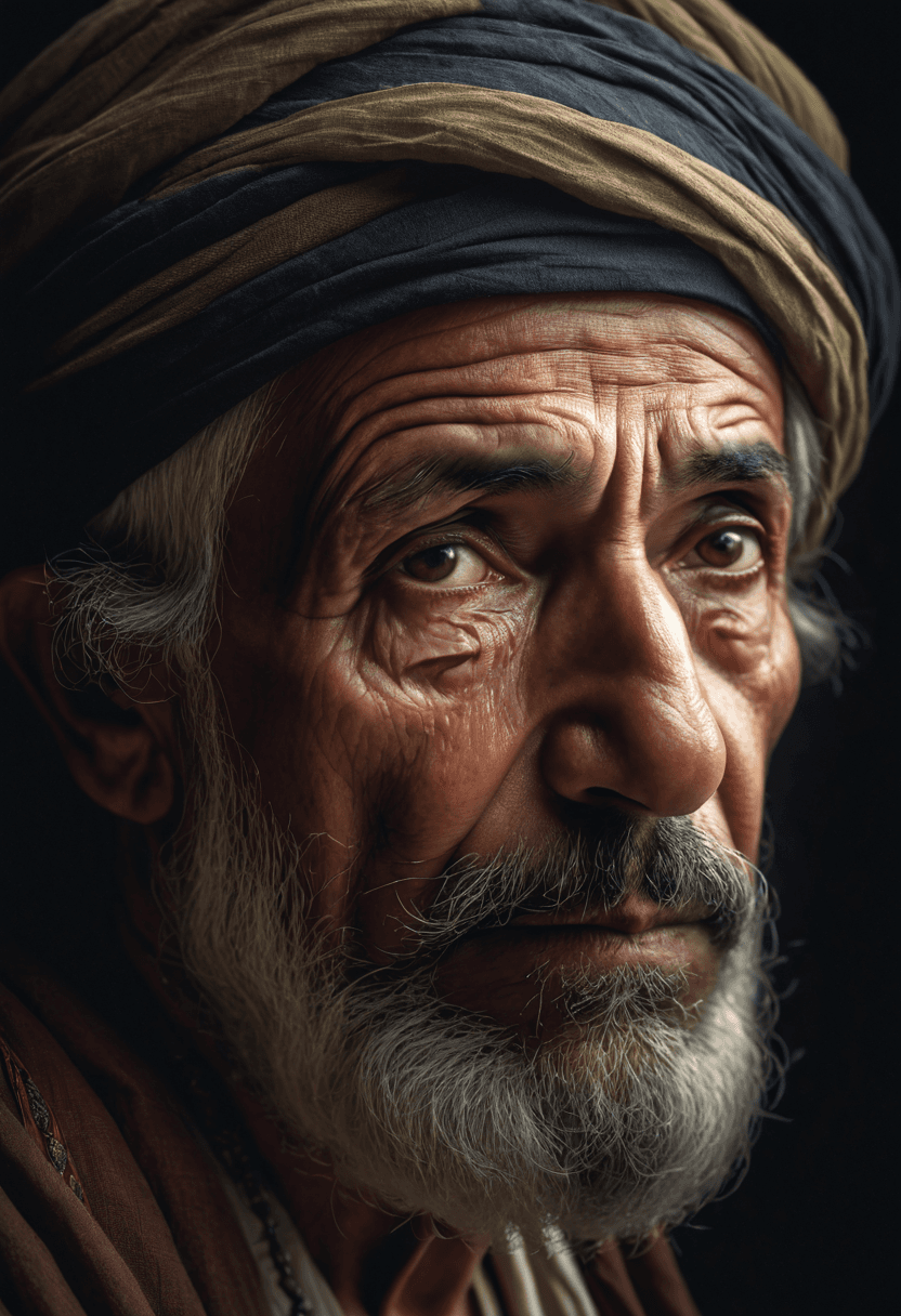 AI generated: The image features an older man with a beard and mustache, sad eyes, wearing a turban and a long rob...