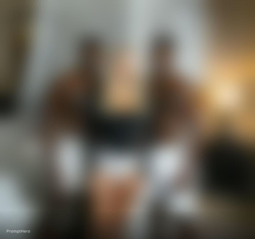 AI generated: A blonde woman with a radiant smile, wearing black lace lingerie, standing between two shirtless dar...