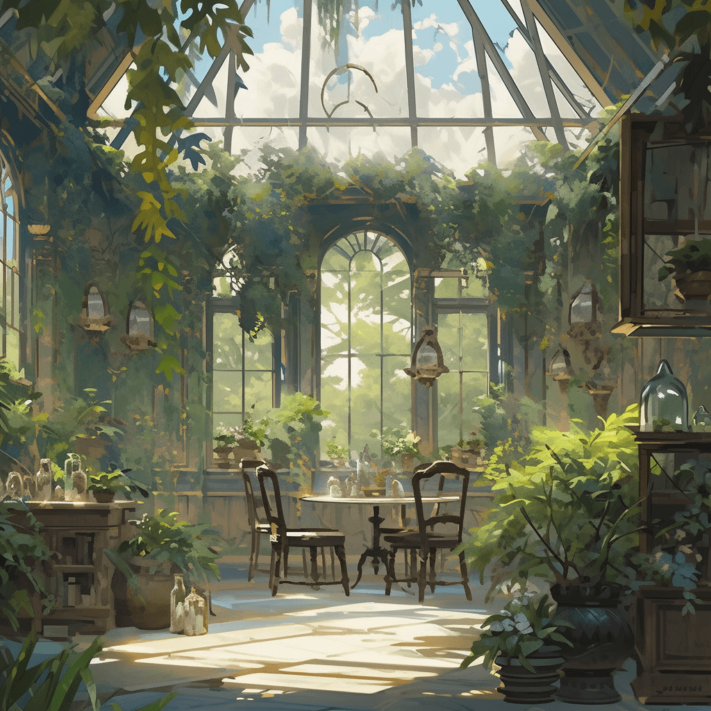 AI generated: An abandoned Victorian greenhouse overgrown with lush, exotic plants in the heart of a mystical fore...