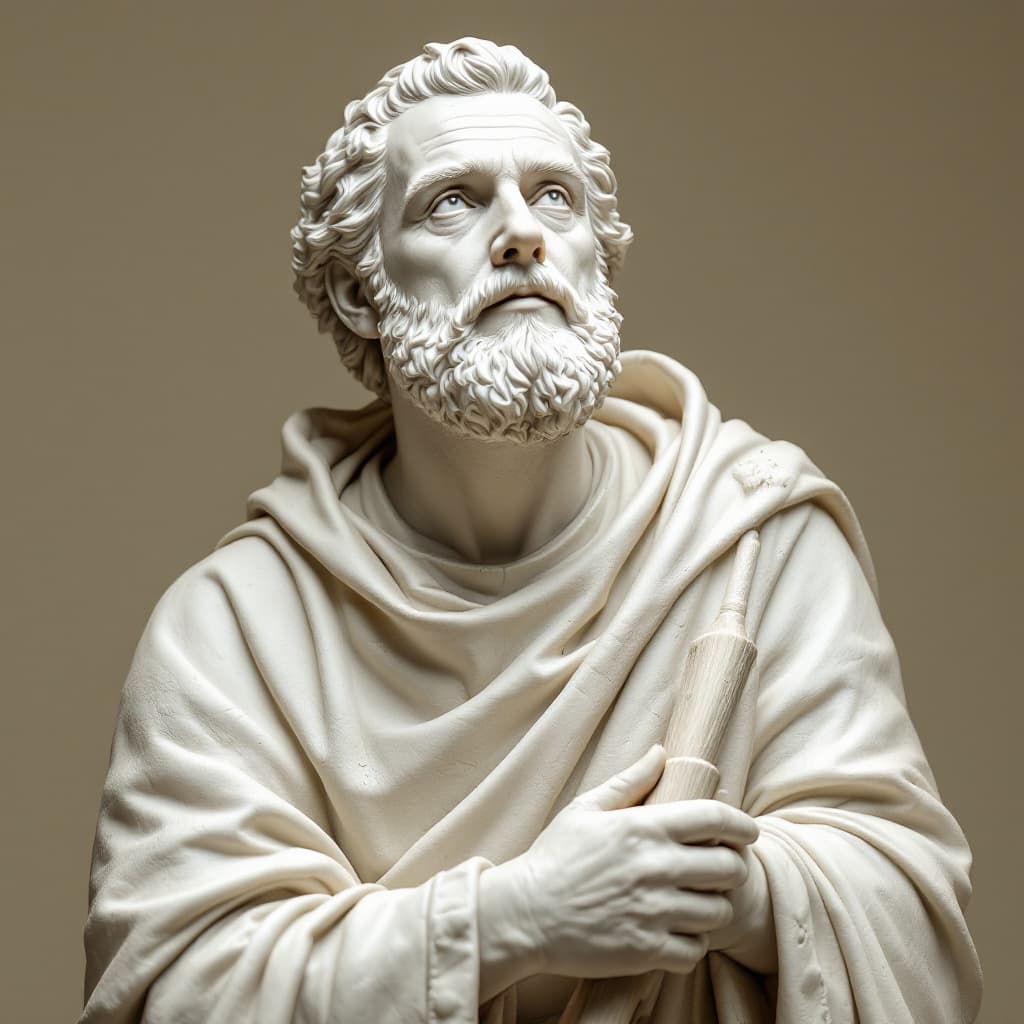 AI generated: Escultura realista de San José Obrero tallada en yeso blanco, con textura rugosa y acabado mate. Vis...