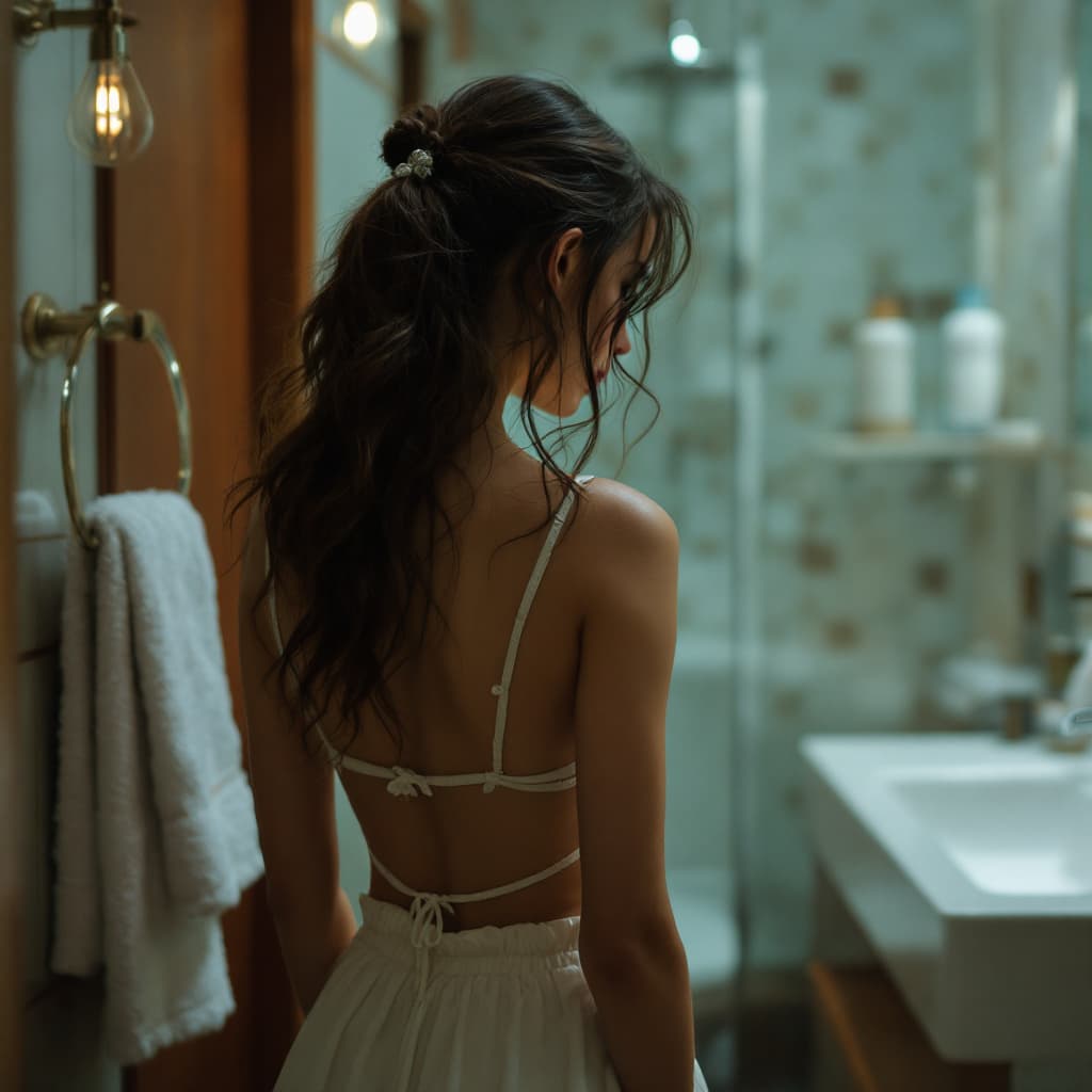 AI generated: 15 year old, little skirt girl in bathroom with her back to camera, professional photo shoot, high q...