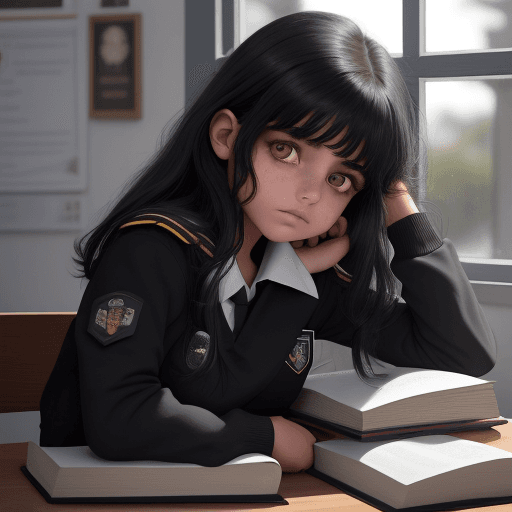 AI generated: Una hermosa joven de cabello negro, vestida con uniforme escolar, se sienta ante una mesa con su lib...
