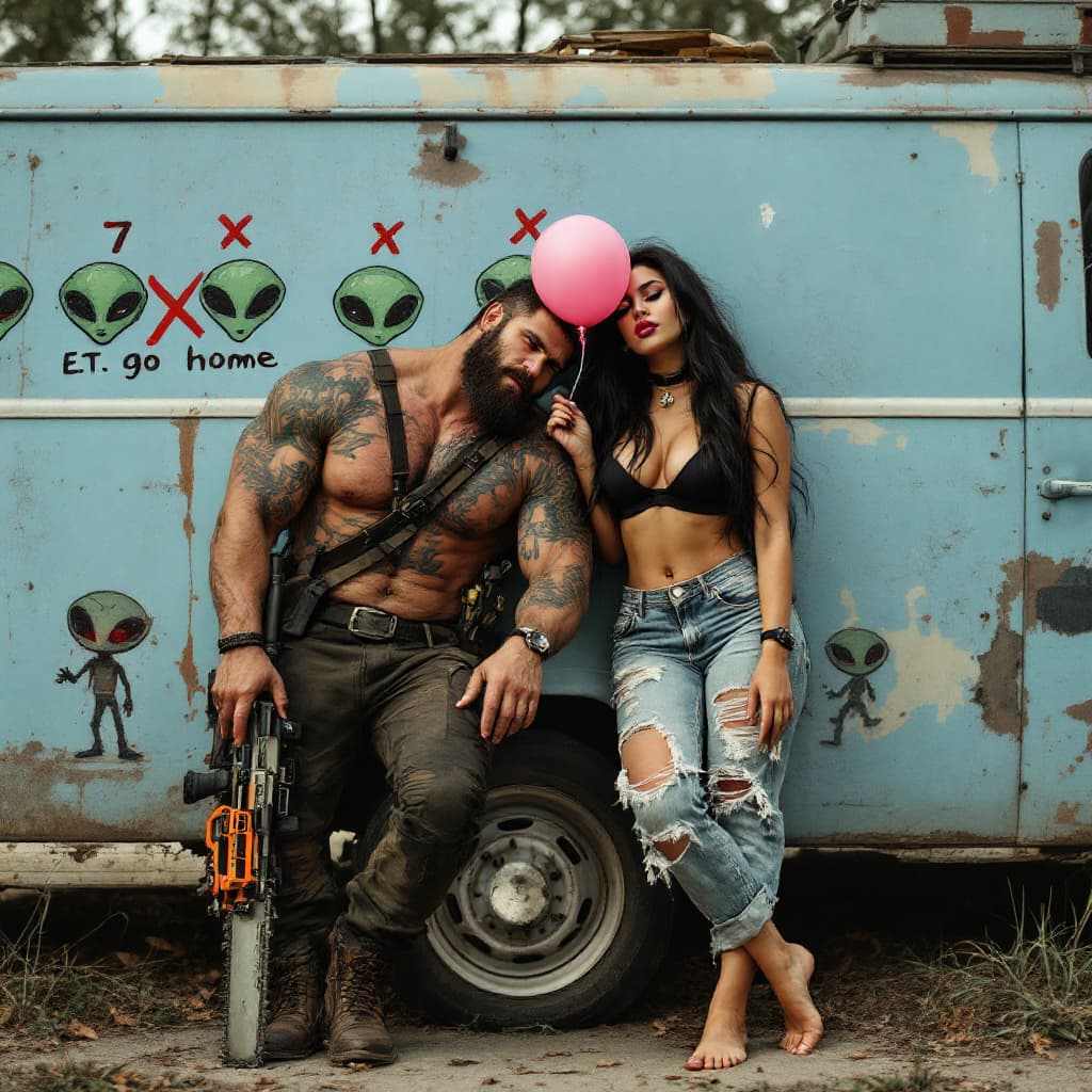 AI generated: full body view of a couple. A muscular man with a light beard, muscular, boots, with a rifle in his ...