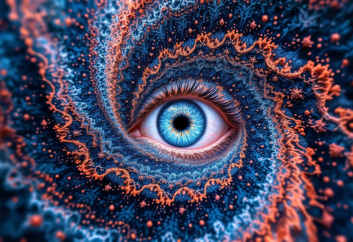 AI generated: A human eye embedded within a Fractal Self-Similarity, where repeating patterns and shapes blur the ...