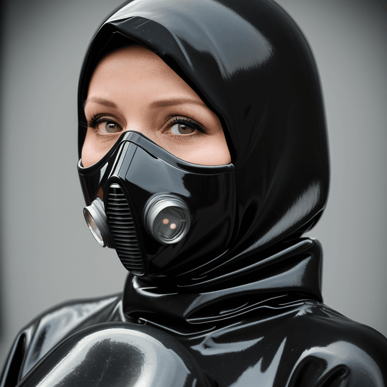 AI generated: hyper realistic headshot photo of a 40 year old woman, wearing a latex gas mask, a black latex prote...