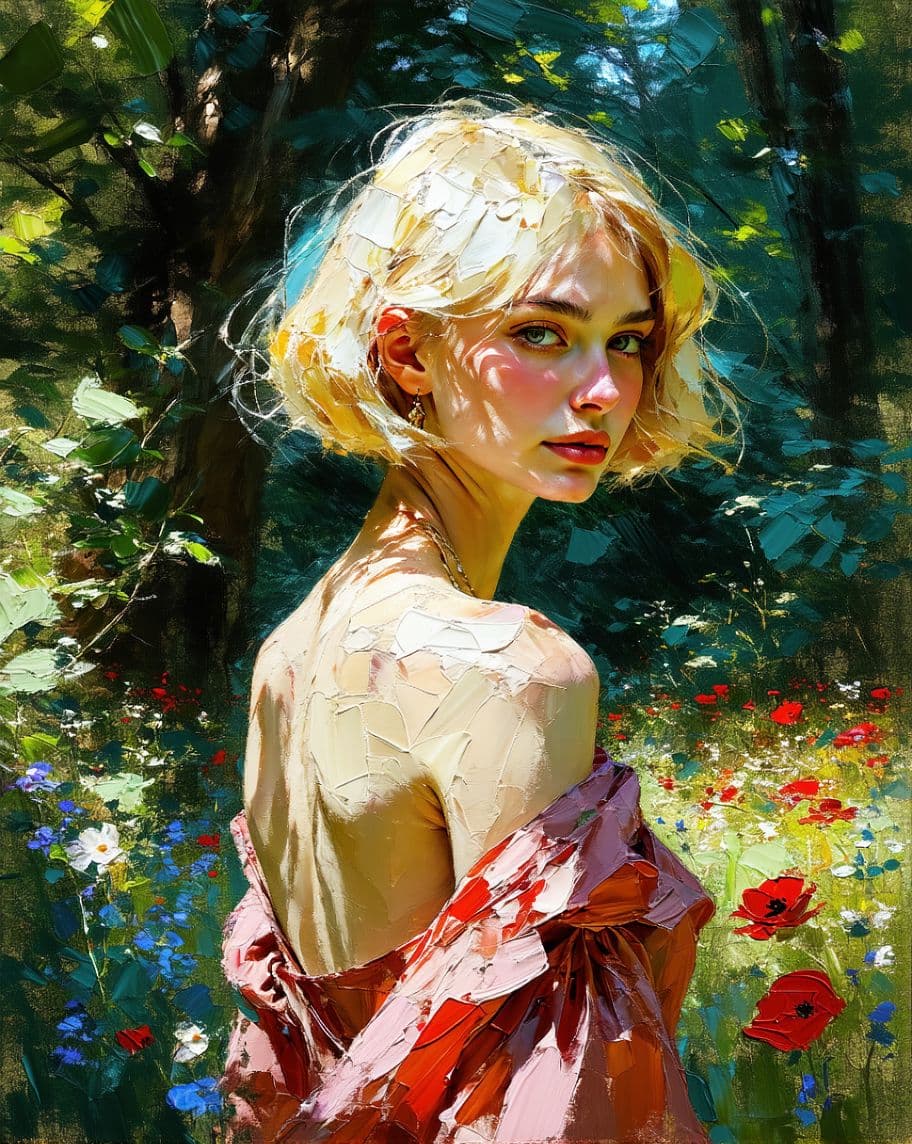AI generated: Prompt:  A richly colored painting of a blonde woman with bob-caret haircut standing in a sunlit gar...