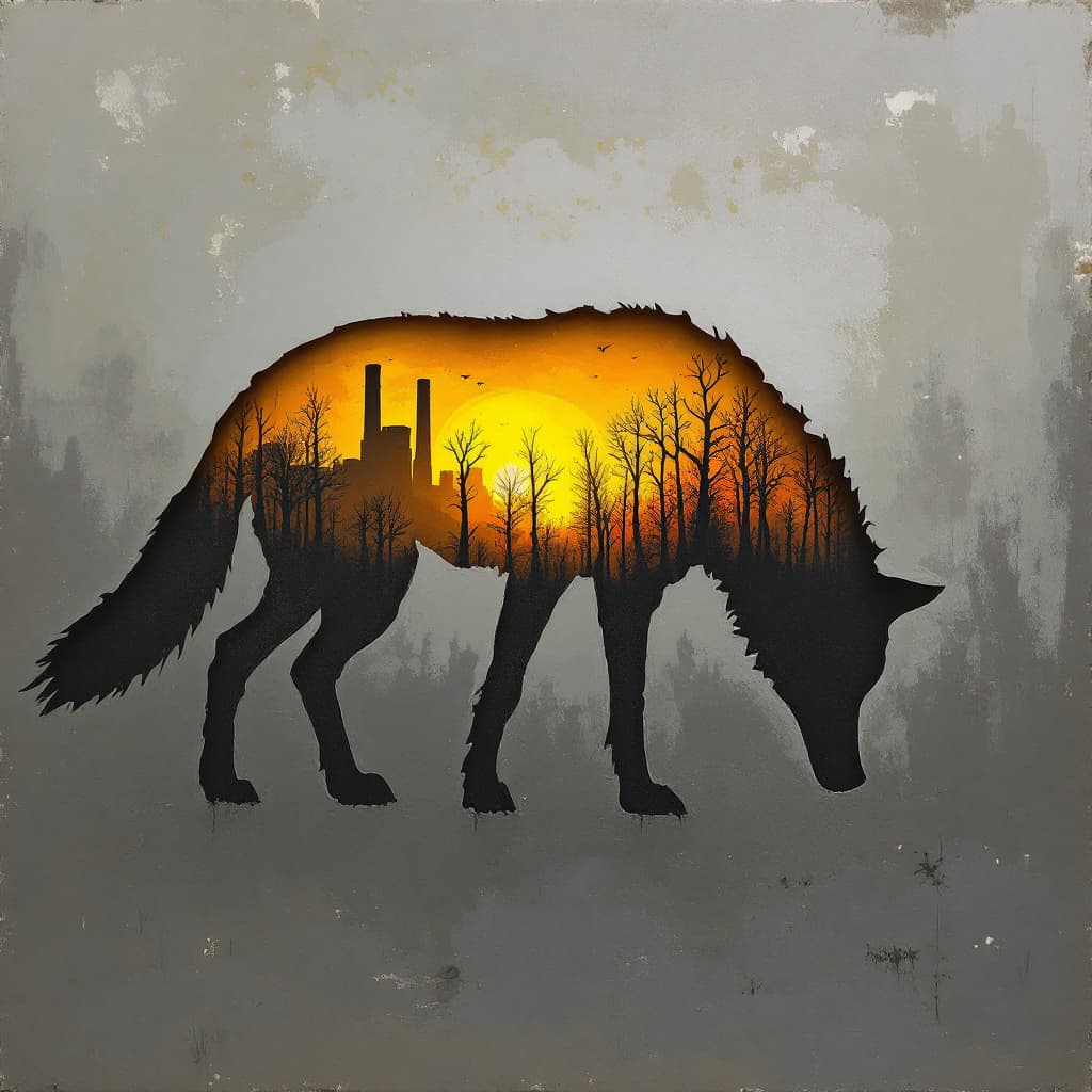 AI generated: oil painting, cardboard like silhouette of a sad wolf, head down, low tail, inside wolf silhouette, ...