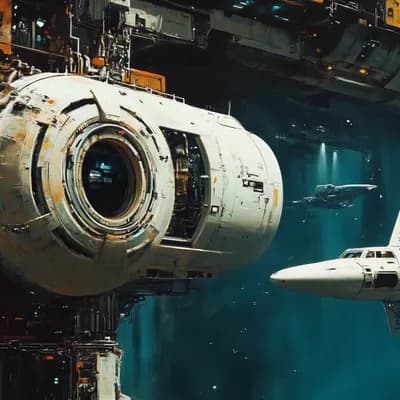 AI generated video: A small spacecraft flies past the camera as the camera moves closer to another spacecraft in the dis...
