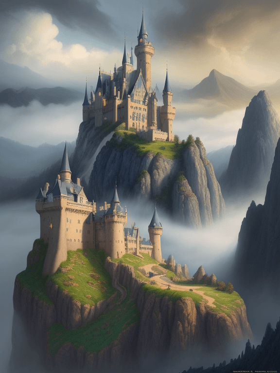 AI generated: fantasy artwork a painting of a princess castle in the middle of a foggy mountain, a detailed matte ...