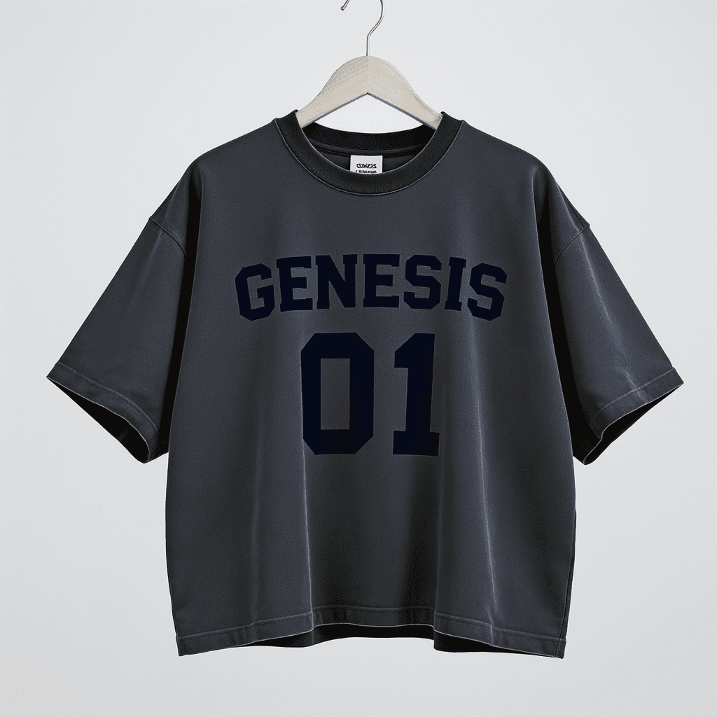 AI generated: Front view of an oversized short-sleeve washed navy blue T-shirt, cropped and boxy fit, sleeves cut ...