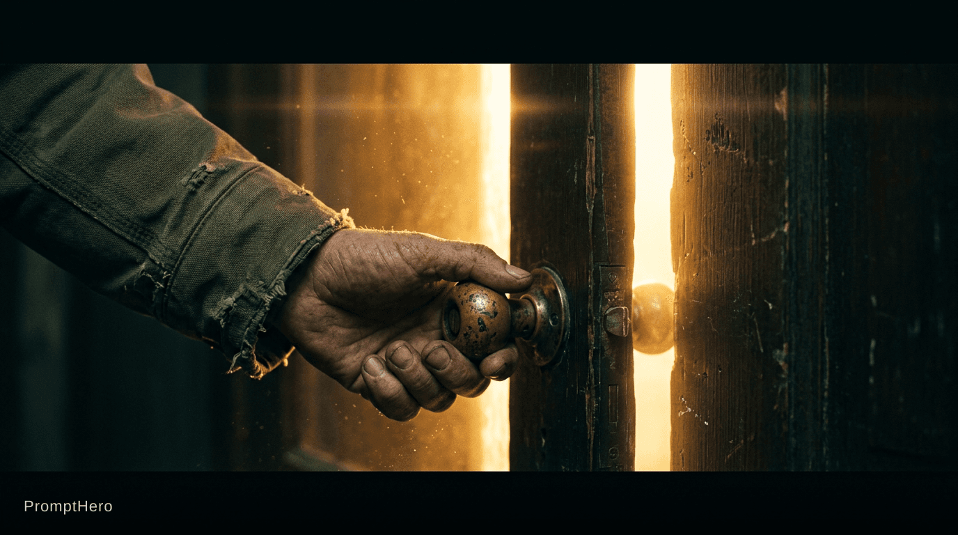 AI generated: A weathered hand in a worn olive-green jacket sleeve grips an antique brass door knob, tarnished wit...