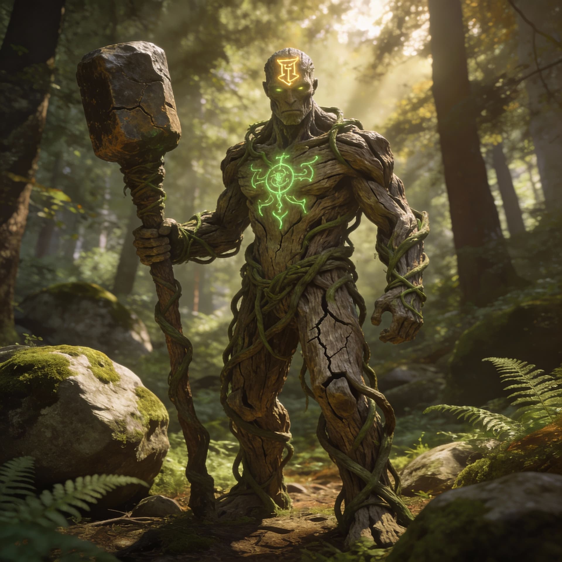 AI generated: male warforged barbarian, made of petrified wood and vines, wielding a great club, glowing green sig...