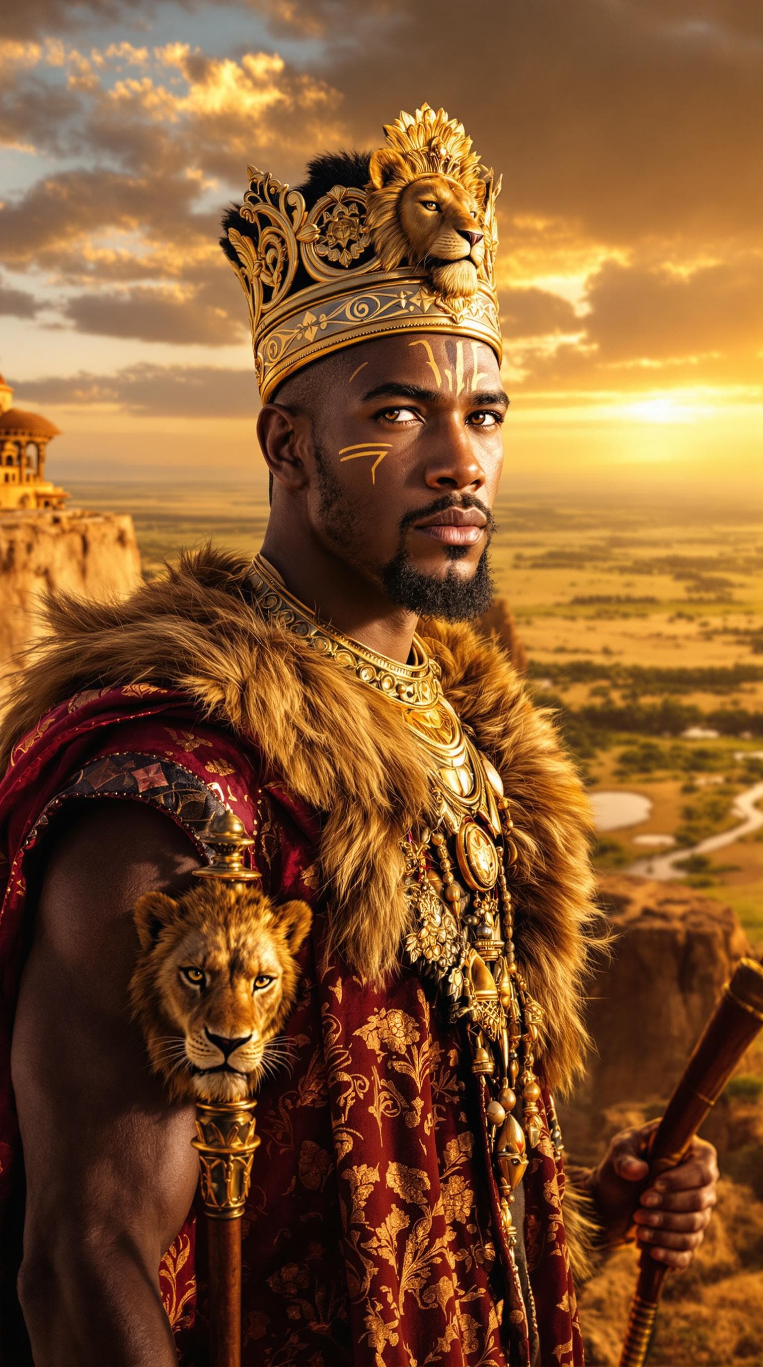 AI generated: A hyper-realistic portrait of a young African king inspired by Simba; strong jawline with determined...