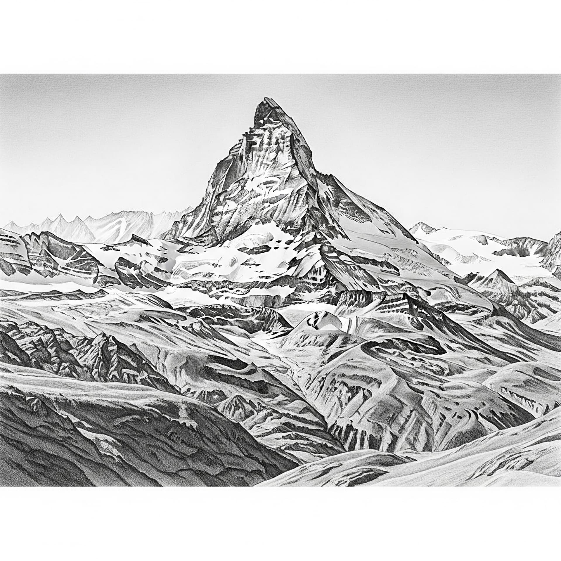 AI generated: A detailed pencil drawing of the iconic Matterhorn, its jagged peak piercing the sky, amidst the vas...