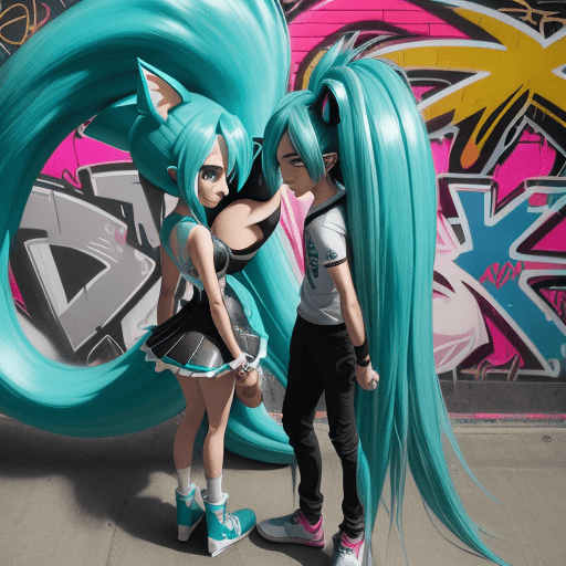 AI generated: Create an image including Hatsune Miku and Sonic The Hedgehog standing infront of alot of grafitti.