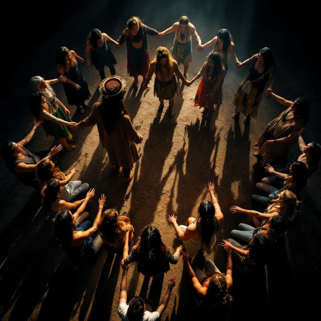 AI generated: top view A circle of people holding hands, singing sacred chants together


. Native Americans are g...