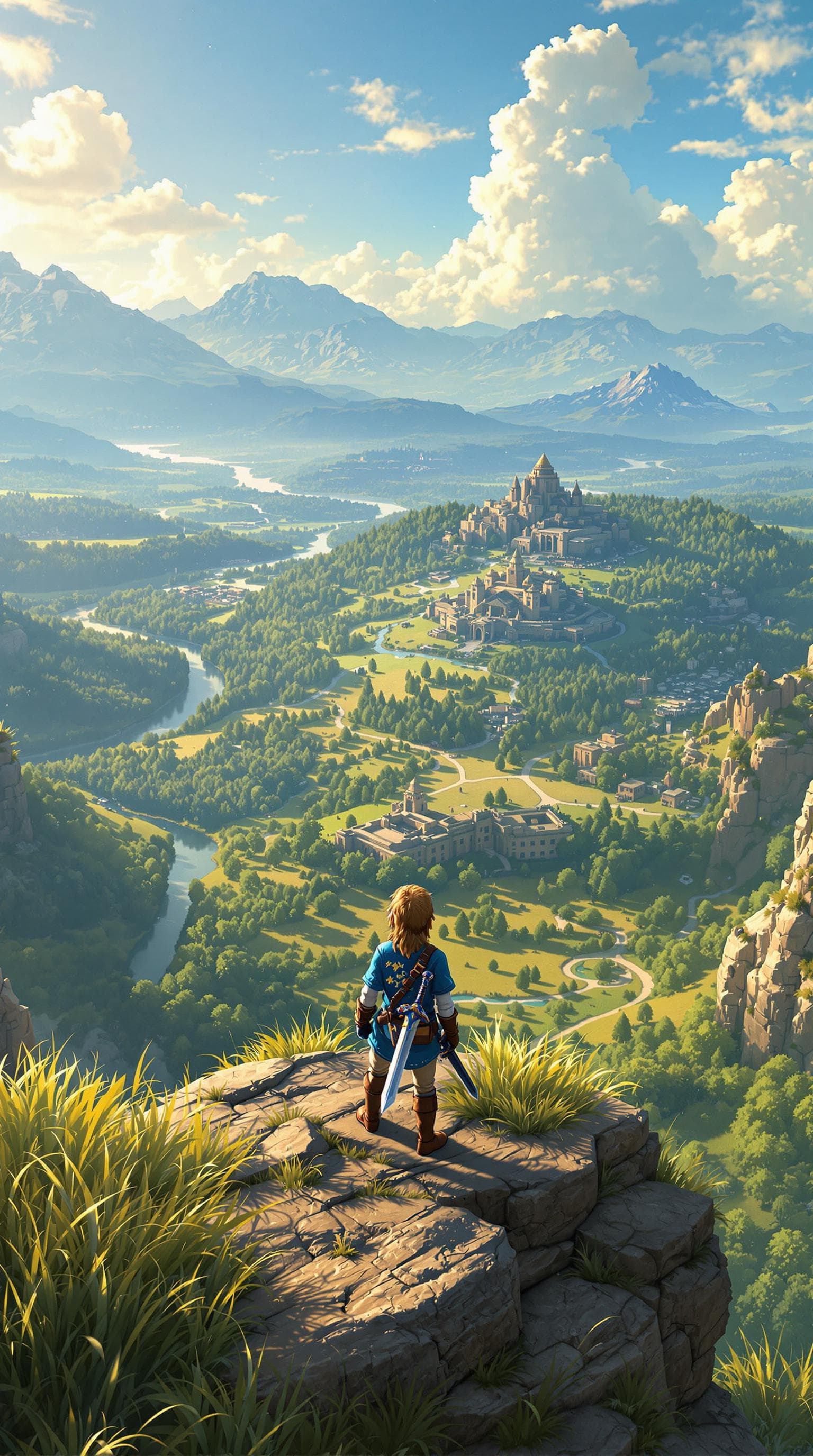 AI generated: "Create a hyper-realistic panoramic scene of Link standing on the Great Plateau from The Legend of Z...