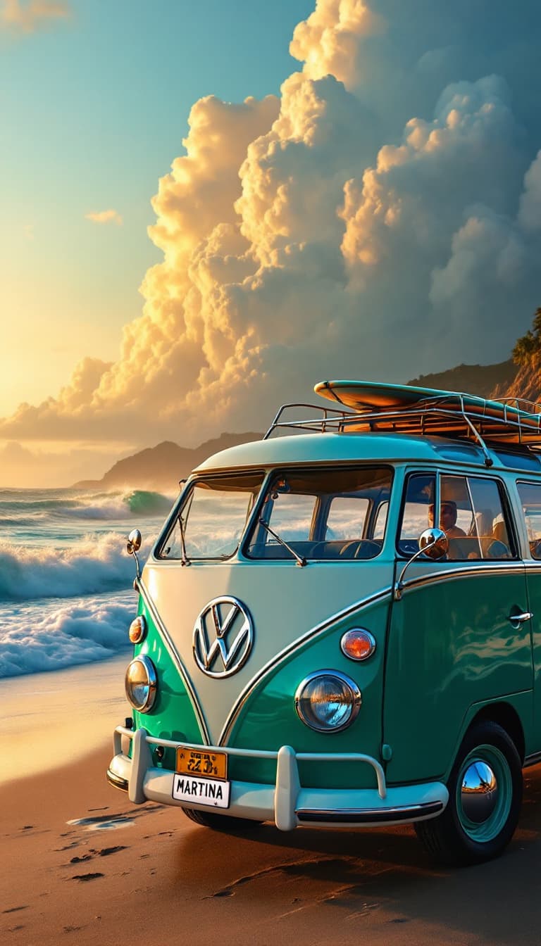 AI generated: A turquoise green  and white vw classic, Samba 23 window bus on a golden sunset beach with ethereal ...