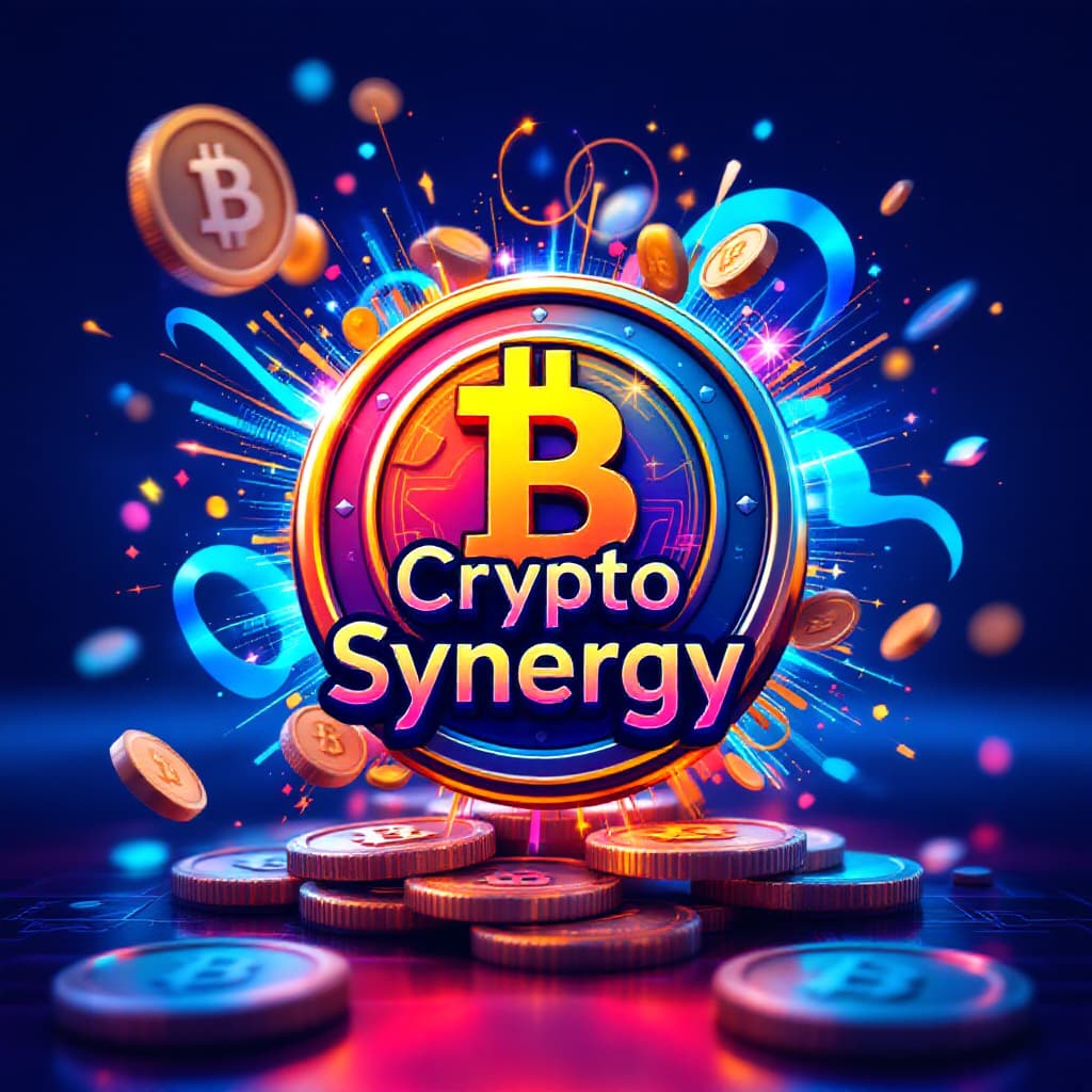 AI generated: Pop art colorful logo with a coin on the middle says detailed sharp "Crypto Synergy" color effects i...