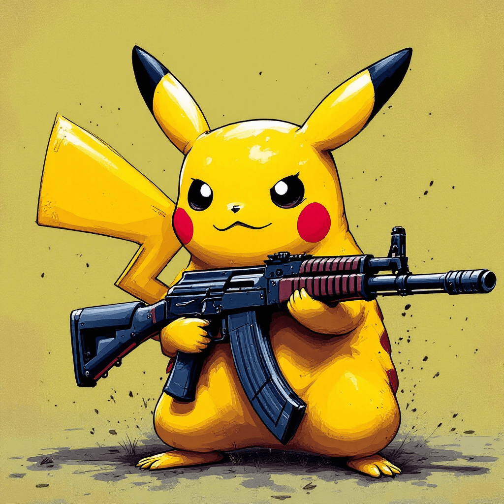 AI generated: Serious pikachu, c AK-47