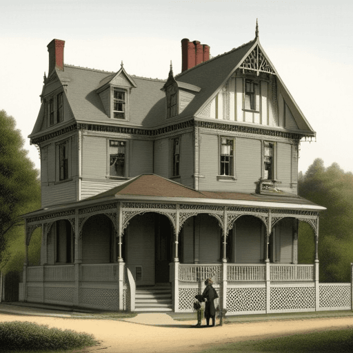 AI generated: victorian house  with people in front with a "on Sale" sign and a couple of pets

