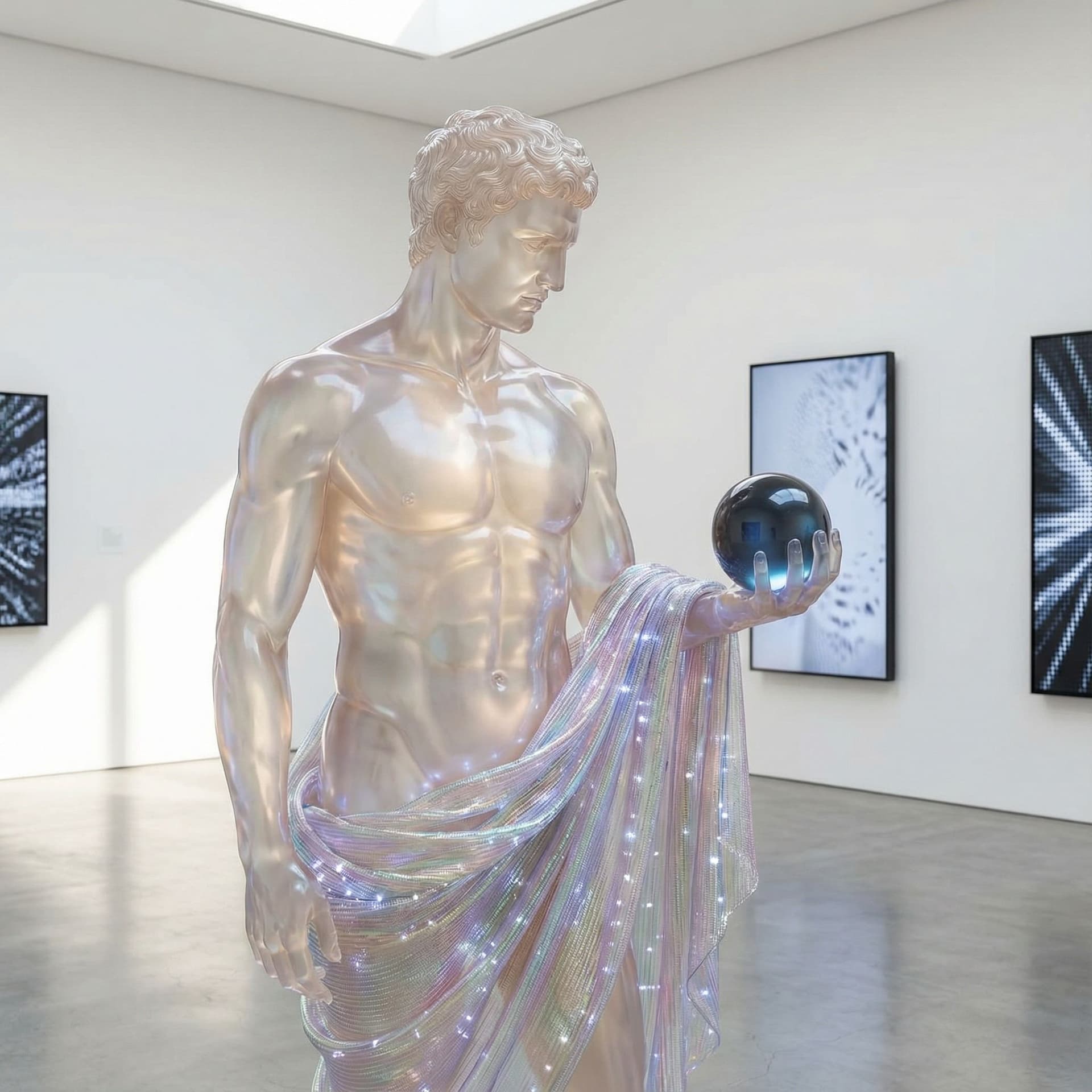 AI generated: Think of what sculpture would look like in the year 2045, a beautiful man like a roman sculpture sta...