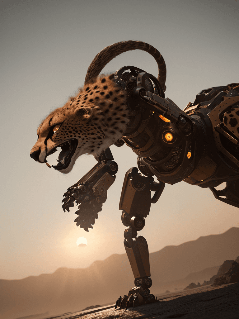 AI generated: Photo of a robotic cheetah, dramatic light, pale sunrise, cinematic lighting, battered, low angle, t...