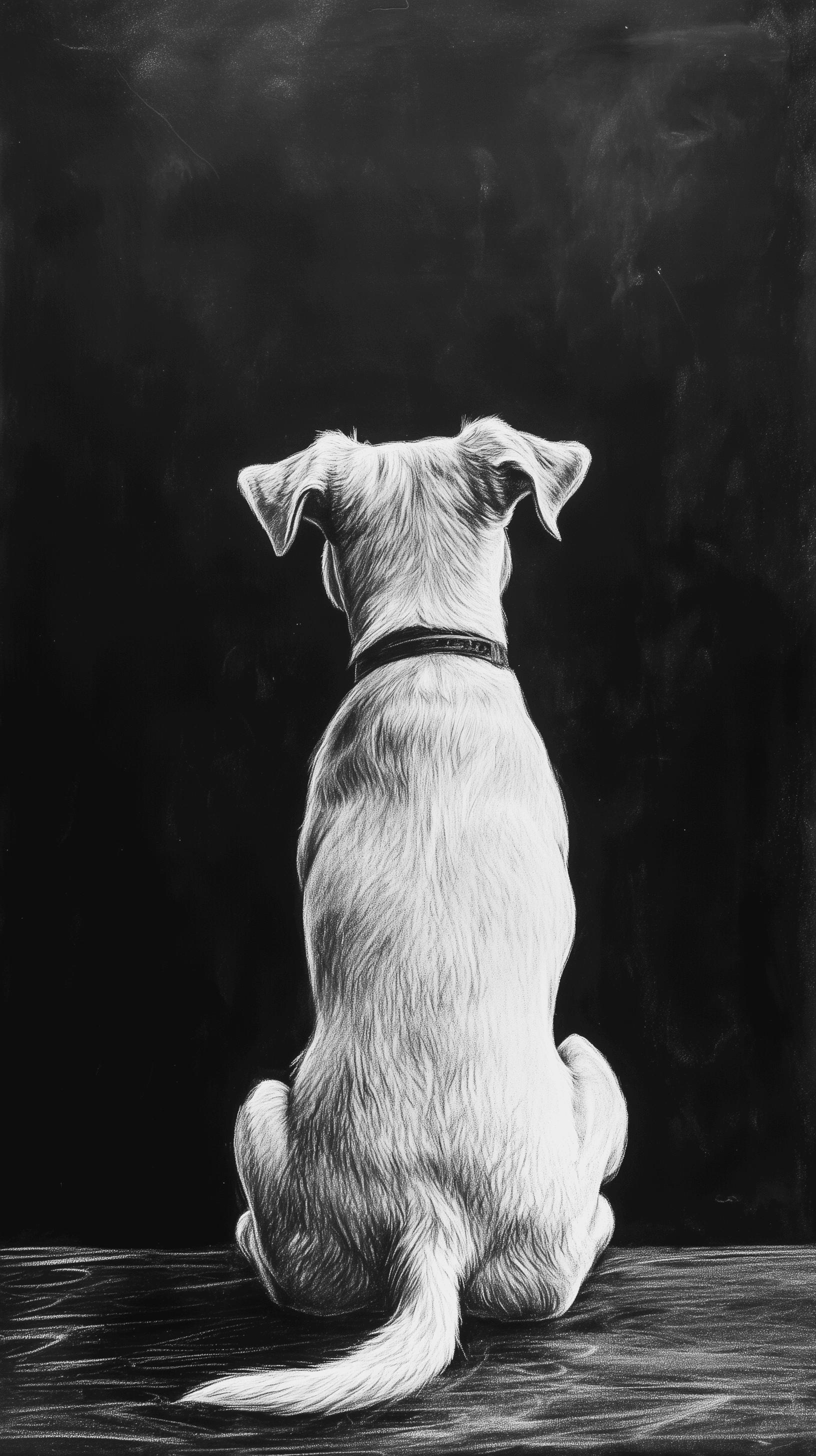 AI generated: chalk art of a sitting dog, rear view, simplify, monochromatic white chalk with hand work, solid bla...