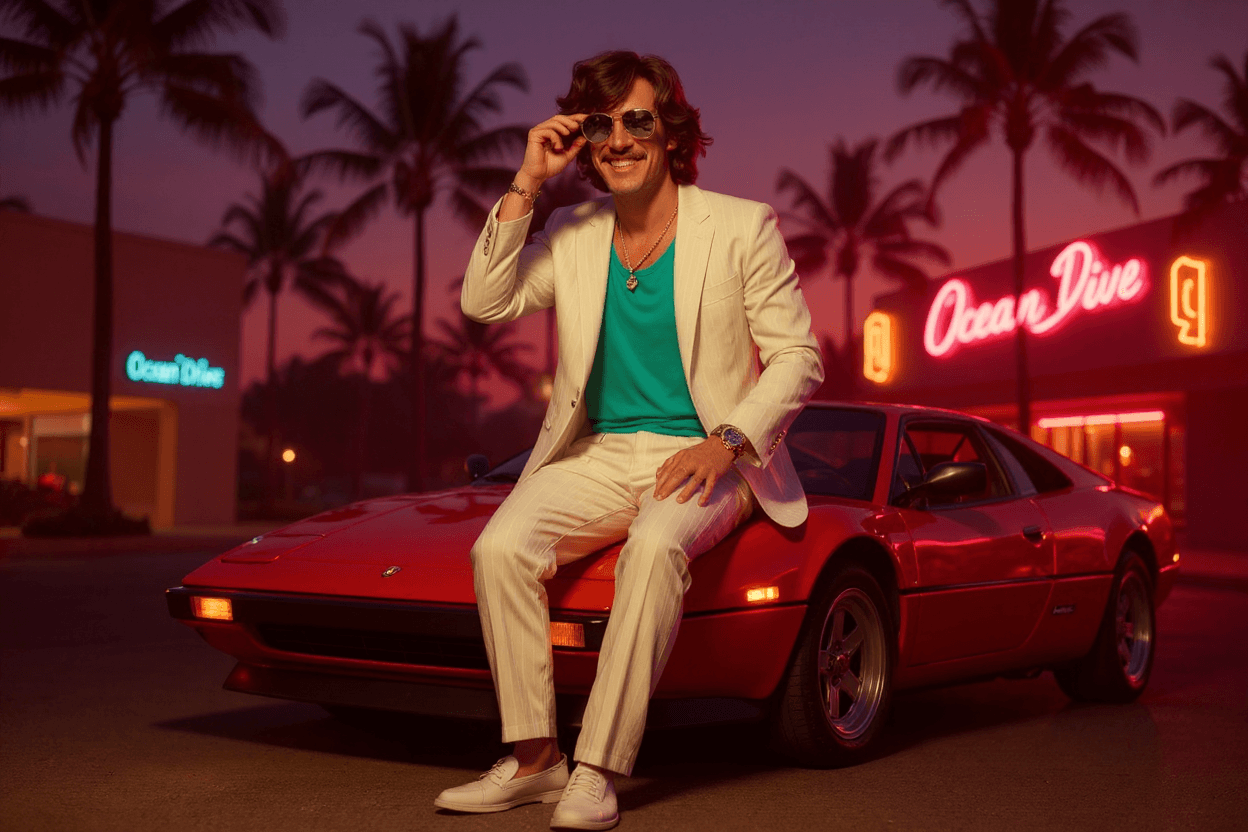 AI generated: Subject: A charismatic late-30's man. Clothing: WHITES linen blazer (sleeves rolled up) , turquoise ...