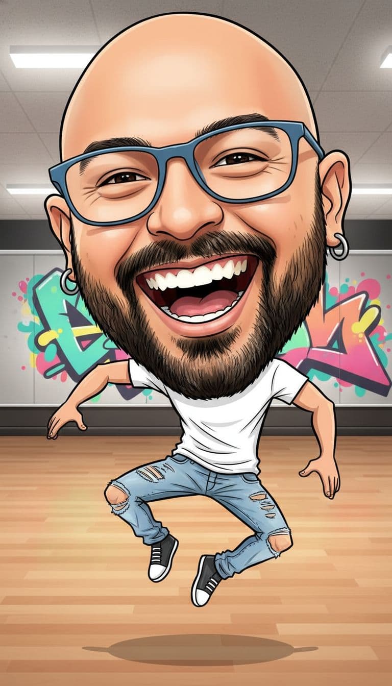 AI generated: funny caricature, hip-hop dancer caricature, a stylish young man with a lean, toned physique (around...